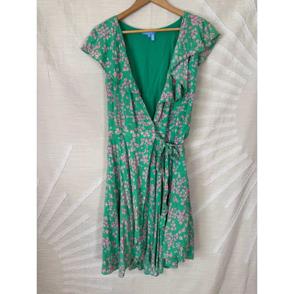 Draper James RSVP Women's Large Green Floral Wrap Mini Dress - Picture 2 of 6
